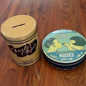 2 vintage 1980s Charles chips and Hershey’s kisses canisters bank containers